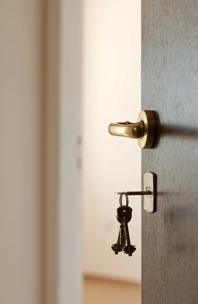Открытая дверь с ключами — стоковое фото