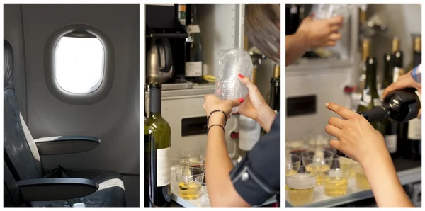 Siedzenie pasażera w samolocie. stewardessa wylewa napoje — Zdjęcie stockowe