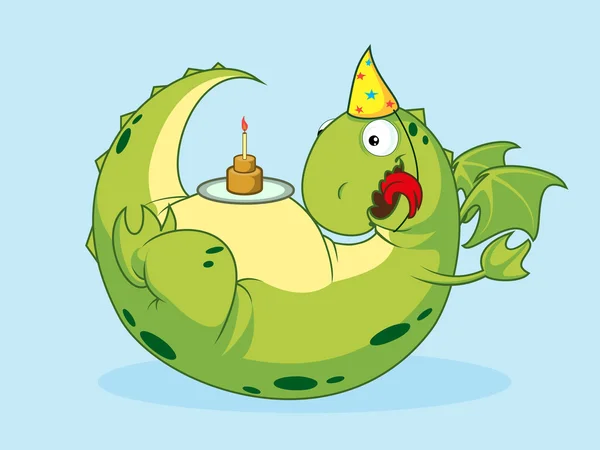 Jolly groene draak viert haar verjaardag. — Stockvector