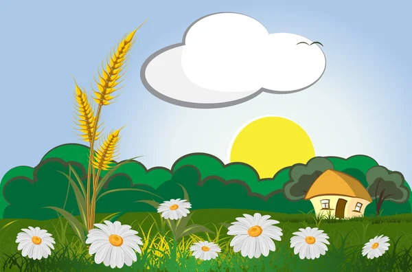 Orecchie di grano con paesaggio, cielo e fiori — Vettoriale Stock