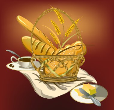 Basket with food,bread and coffee cup clipart