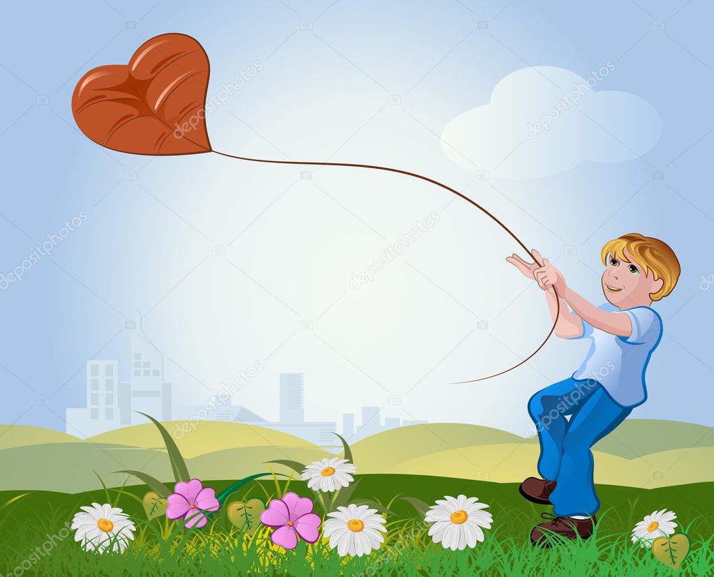 Boy with flying kite on the nature background