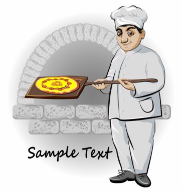 Cook with pizza an oven on background clipart