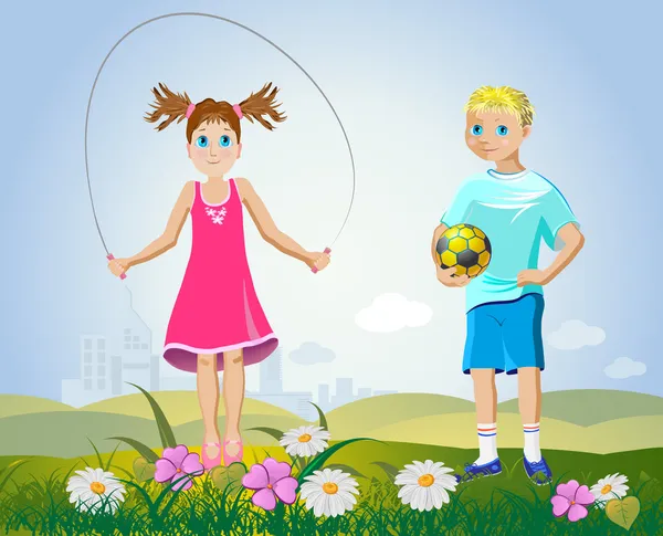 Девочка и мальчик со спортивными аксессуарами — стоковый вектор