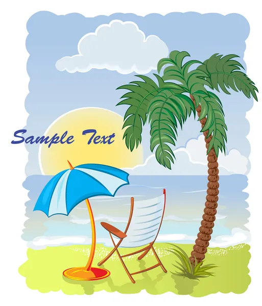 Şemsiye ve sandalye ile deniz sahilinde palmiye ağacı — Stok Vektör