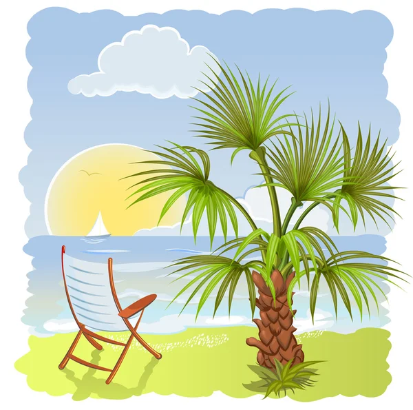 Meeresstrand mit Palme und Stuhl — Stockvektor