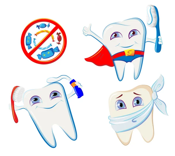 Sammlung lächelnder Zähne und Hygiene-Accessoires — Stockvektor