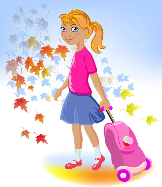 Iskolás lány táskával, vissza az iskolába — Stock Vector