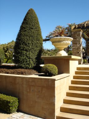 Pathway with formal hedges, stone steps clipart