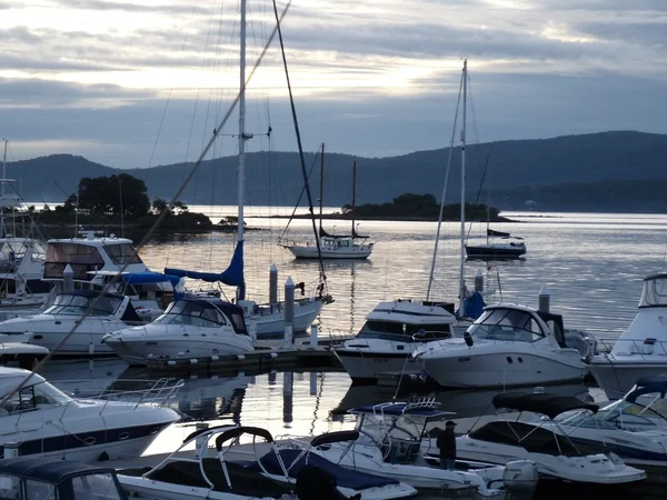 stock image Boats moored at sunset