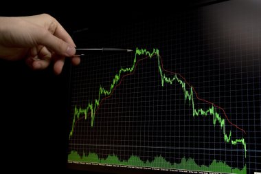 Falling forex stock chart with pen pointing on peak clipart