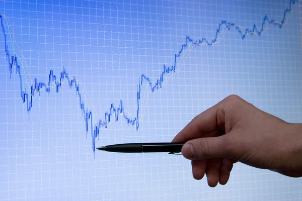 Blue growing forex chart on display and hand with pen — Stock Photo, Image