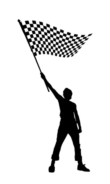 Hombre sosteniendo una bandera a cuadros en blanco y negro — Vector de stock