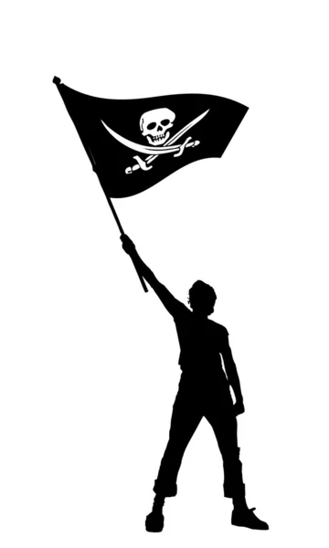 Homem segurando uma bandeira pirata, ilustração vetorial — Vetor de Stock