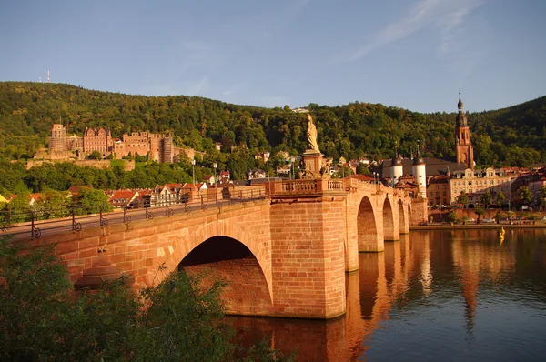 Veduta sul centro storico, sul castello e sul ponte cittadino di Heidelberg — Foto Stock