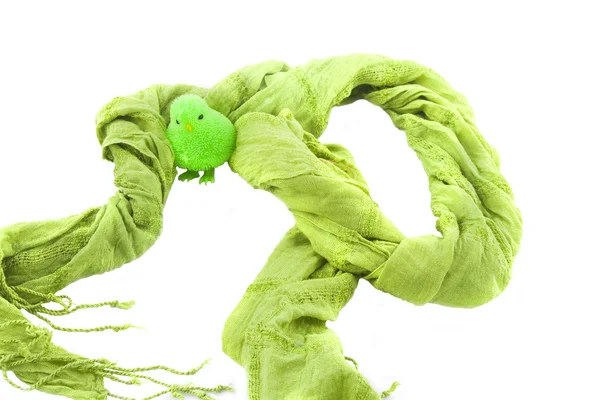 Groene sjaal met een stuk speelgoed — Stockfoto