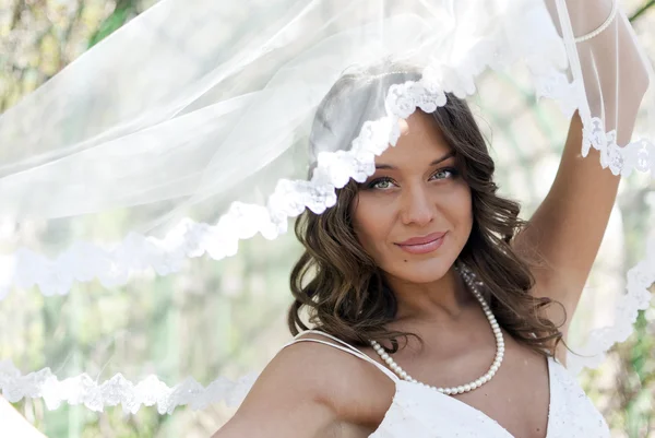 Giovane sposa carina posa con un velo — Foto Stock