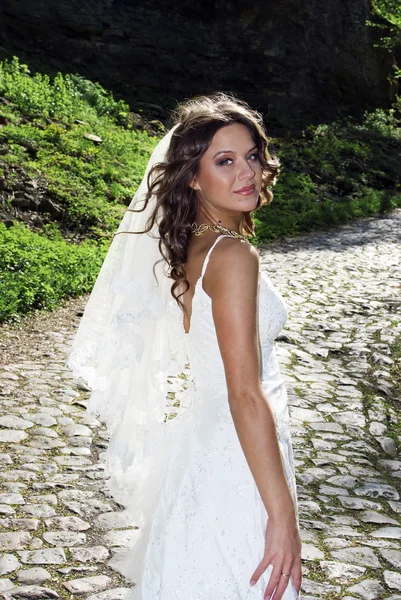 道路上のベールを持つ魅力的な花嫁ポーズします。 — ストック写真