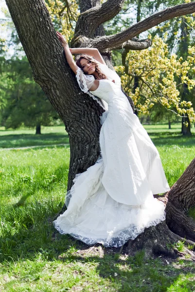 Bela noiva jovem encostada a uma árvore no parque — Fotografia de Stock