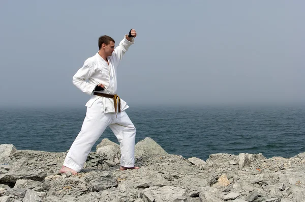 Karate aan de oevers van de mistige zee — Stockfoto