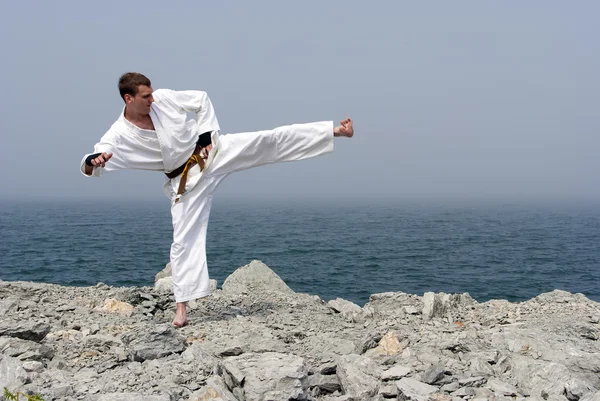 Karate en las orillas del mar brumoso — Foto de Stock
