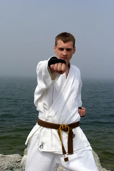Karate am Ufer des nebligen Meeres — Stockfoto