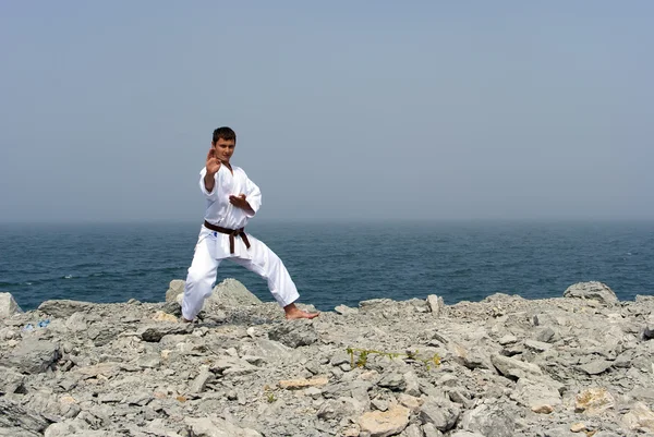 Karate treni sulle rive del mare nebbioso — Foto Stock