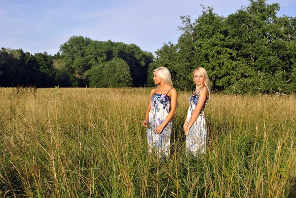 Two girls in the grass near the forest — Stock Photo, Image