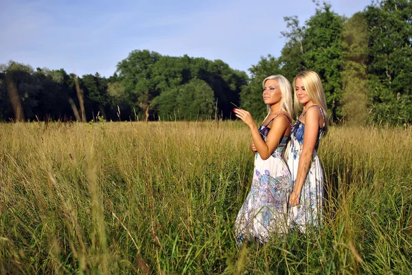 Dwie dziewczyny w trawie, w pobliżu lasu — Zdjęcie stockowe