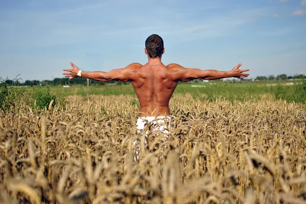 Culturista con los brazos abiertos de pie cintura profunda en el campo — Foto de Stock