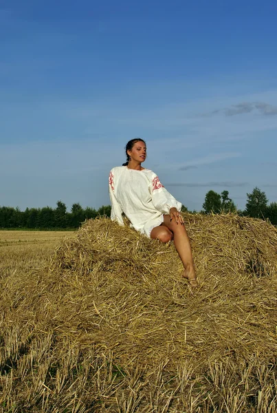 坐在干草堆上的传统俄罗斯服装的女孩 — 图库照片