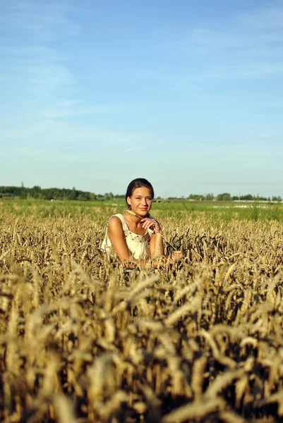 Ragazza in costume seduta nella segale in campagna — Foto Stock