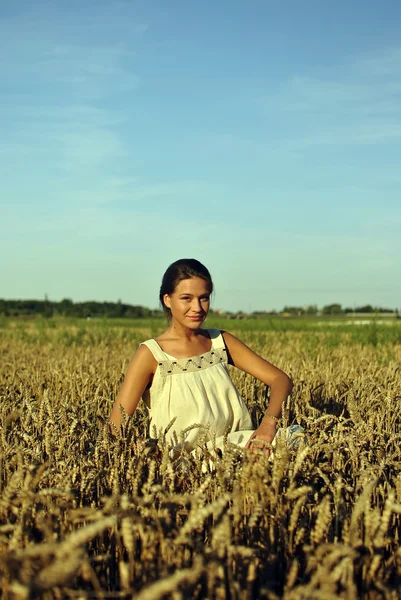 Meisje in kostuum zitten in de rogge op het platteland — Stockfoto