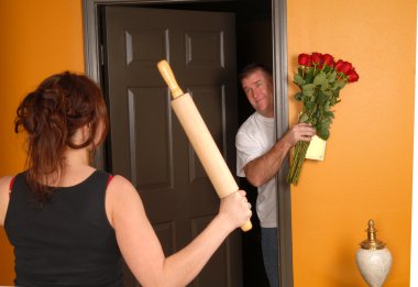 Husband coming home late to angry wife clipart