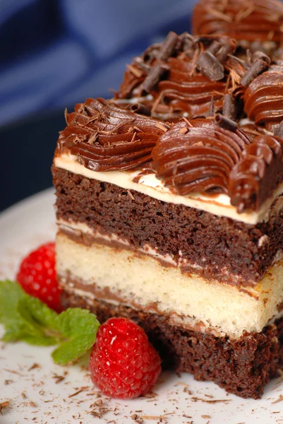 Pedazo de pastel de capa de chocolate con frambuesas, menta y caramelo f — Foto de Stock