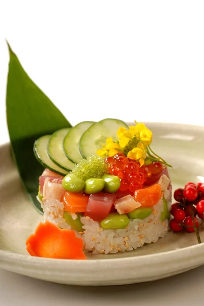 Όμορφο ιαπωνικό ορεκτικό, ρύζι και τόνο μούχλας με vegetabl — Φωτογραφία Αρχείου