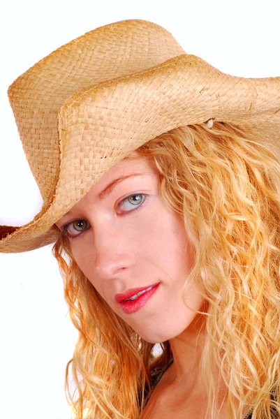 stock image Young woman wearing a straw hat