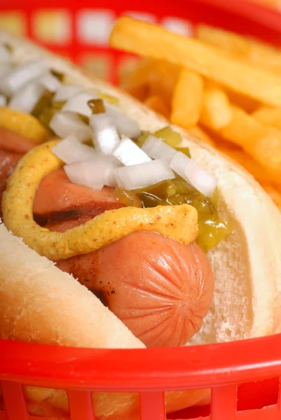 Hot dog with condiments — Stock Photo, Image