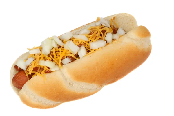 Chili hot dog with cheese and onions — Stock Photo, Image