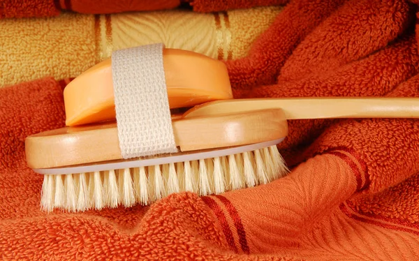 Lavar el cepillo y el jabón con toallas — Foto de Stock