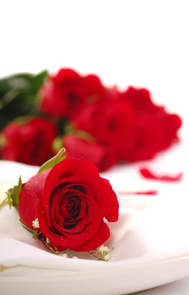 디너 플 라에 빨간 장미 — 스톡 사진