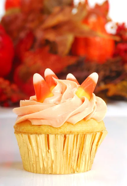 Cupcake d'Halloween avec feuillage d'automne — Photo