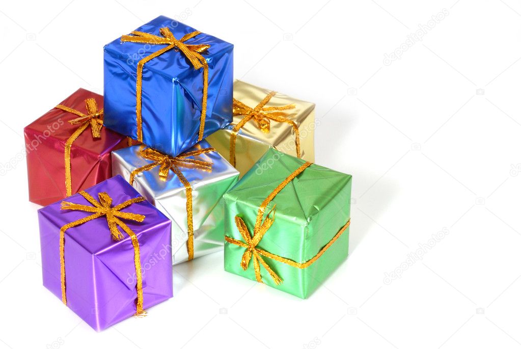 Six brightly colored wrapped Christmas packages