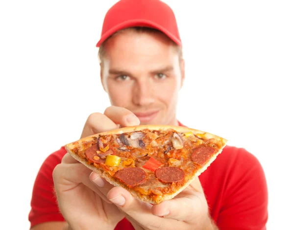 Pizza en sus manos —  Fotos de Stock