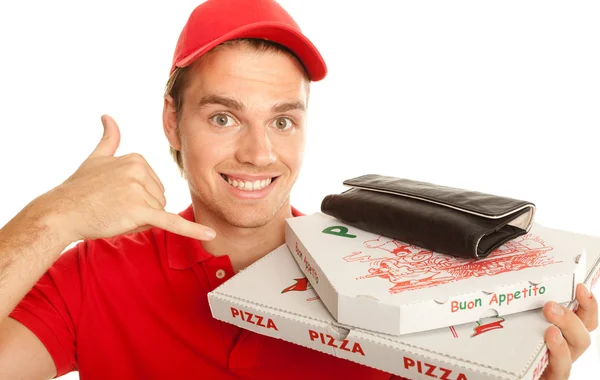 Felice pizzaboy sorridente Foto Stock Royalty Free