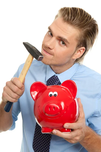 Affärsman med piggybank — Stockfoto
