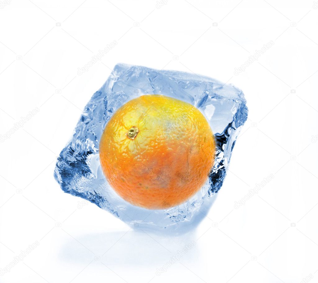 Orange frozen in ice cube