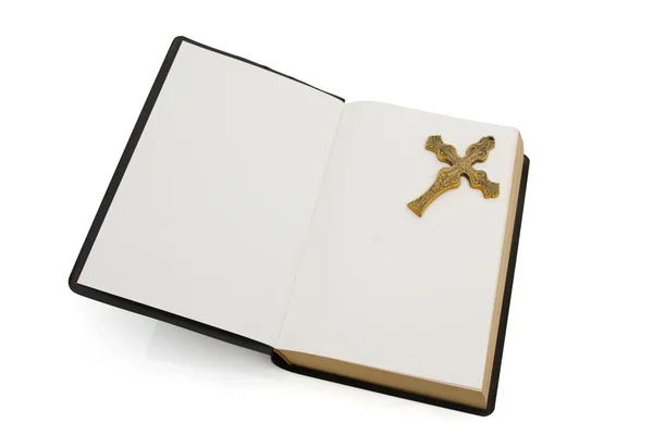 Відкрита Біблія з хрестом ізольована на білому — стокове фото