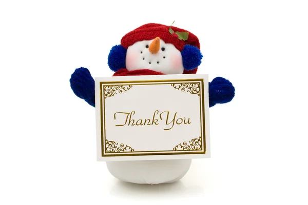 Muñeco de nieve sosteniendo una tarjeta de agradecimiento —  Fotos de Stock