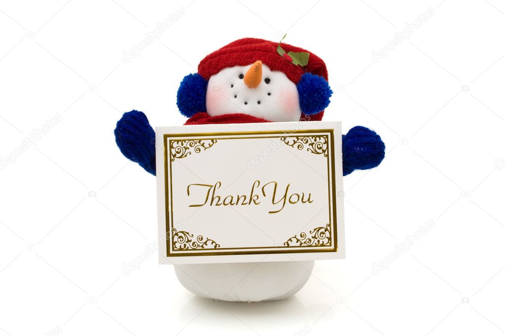 Snowman holding a thank you card